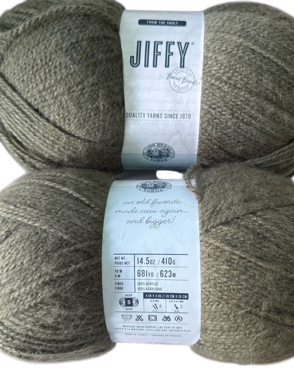 2 Skeins Lion Brand Jiffy Forest Acrylic Yarn - Soft Olive Giant Skeins